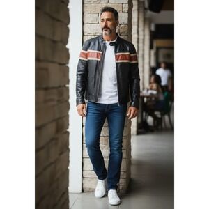 Charles Klein Men Black Leather Jacket Racing Stripe Zip Front Size L